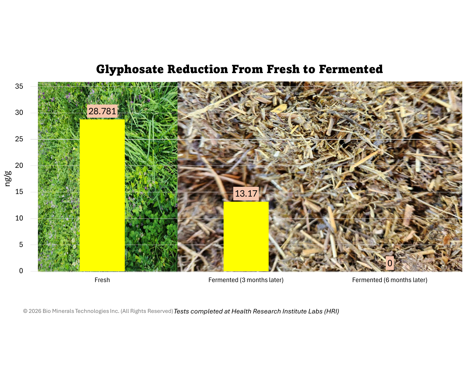 Glyphosate reduction chart: fresh forage 28.8 ng/g, fermented 3 months 13.2 ng/g, fermented 6 months 0 ng/g