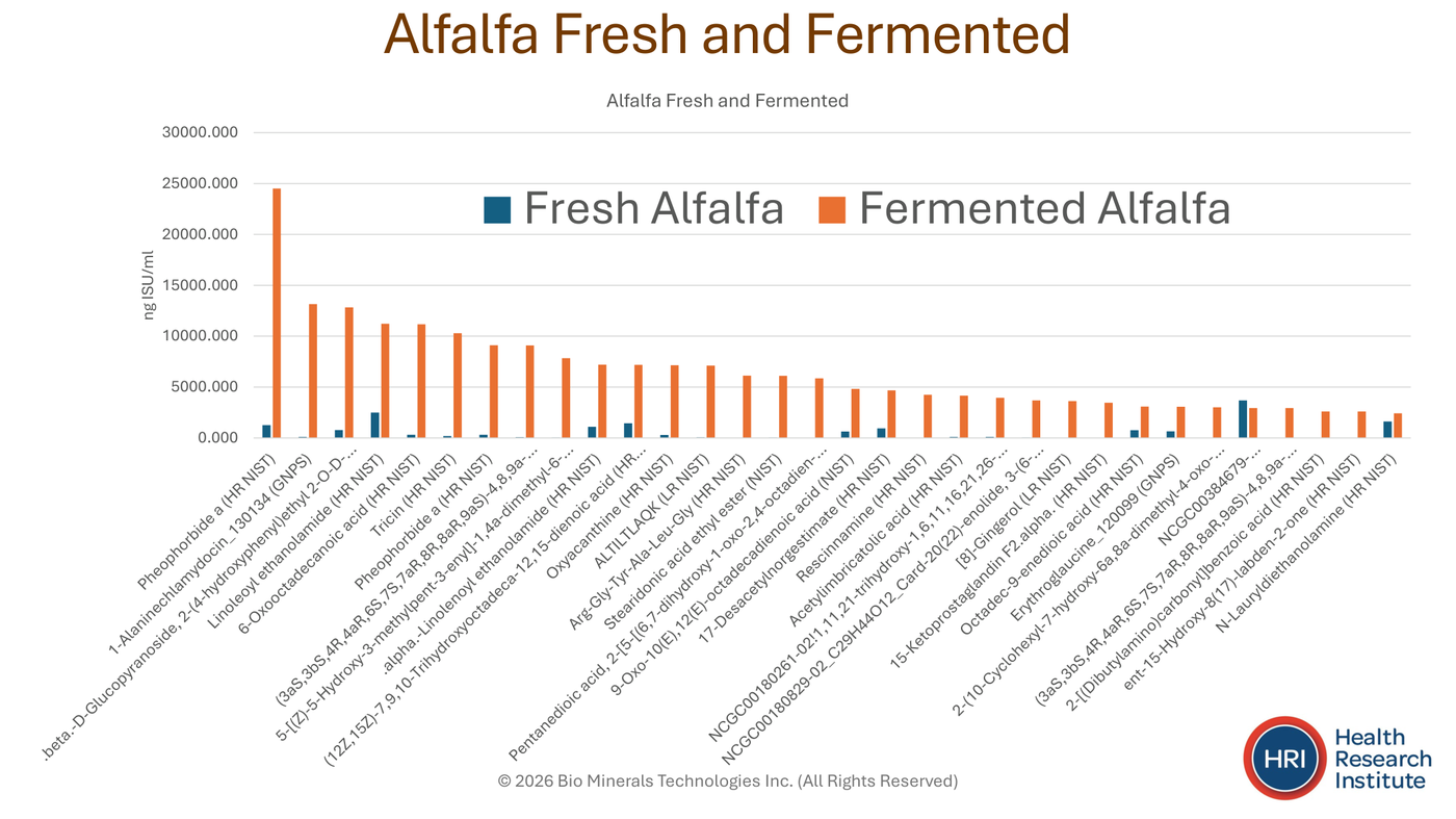 Bar chart of nutrition compounds in fresh versus fermented alfalfa — fermentation raises dozens of measured compounds (ng ISU/ml)